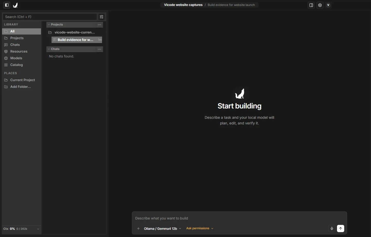 Vicode Windows dark-mode desktop app with a trusted project, local model, and composer open.